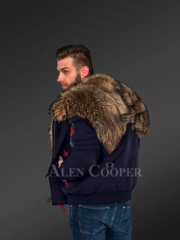 Parka Bomber in Navy with Finn Raccoon Fur Hood and Frontline for Stylish Men with Rabbit Liner - Image 4