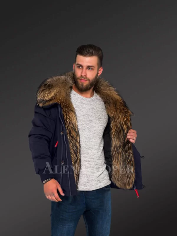 Parka Bomber in Navy with Finn Raccoon Fur Hood and Frontline for Stylish Men with Rabbit Liner - Image 3