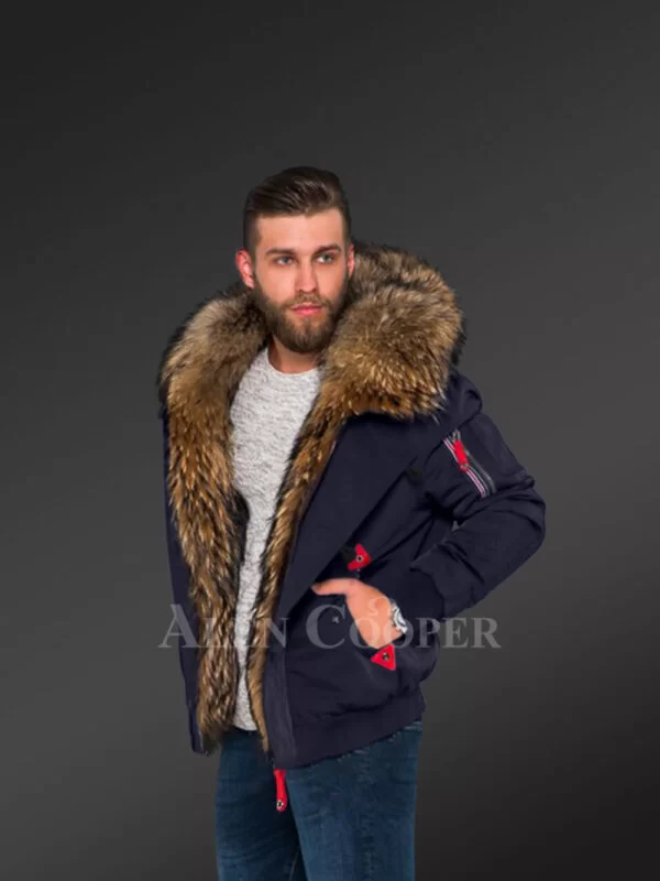 Parka Bomber in Navy with Finn Raccoon Fur Hood and Frontline for Stylish Men with Rabbit Liner - Image 2