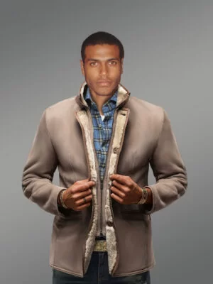 Men’s Sheepskin Shearling Blazer Jacket with Tonal Leather Trim