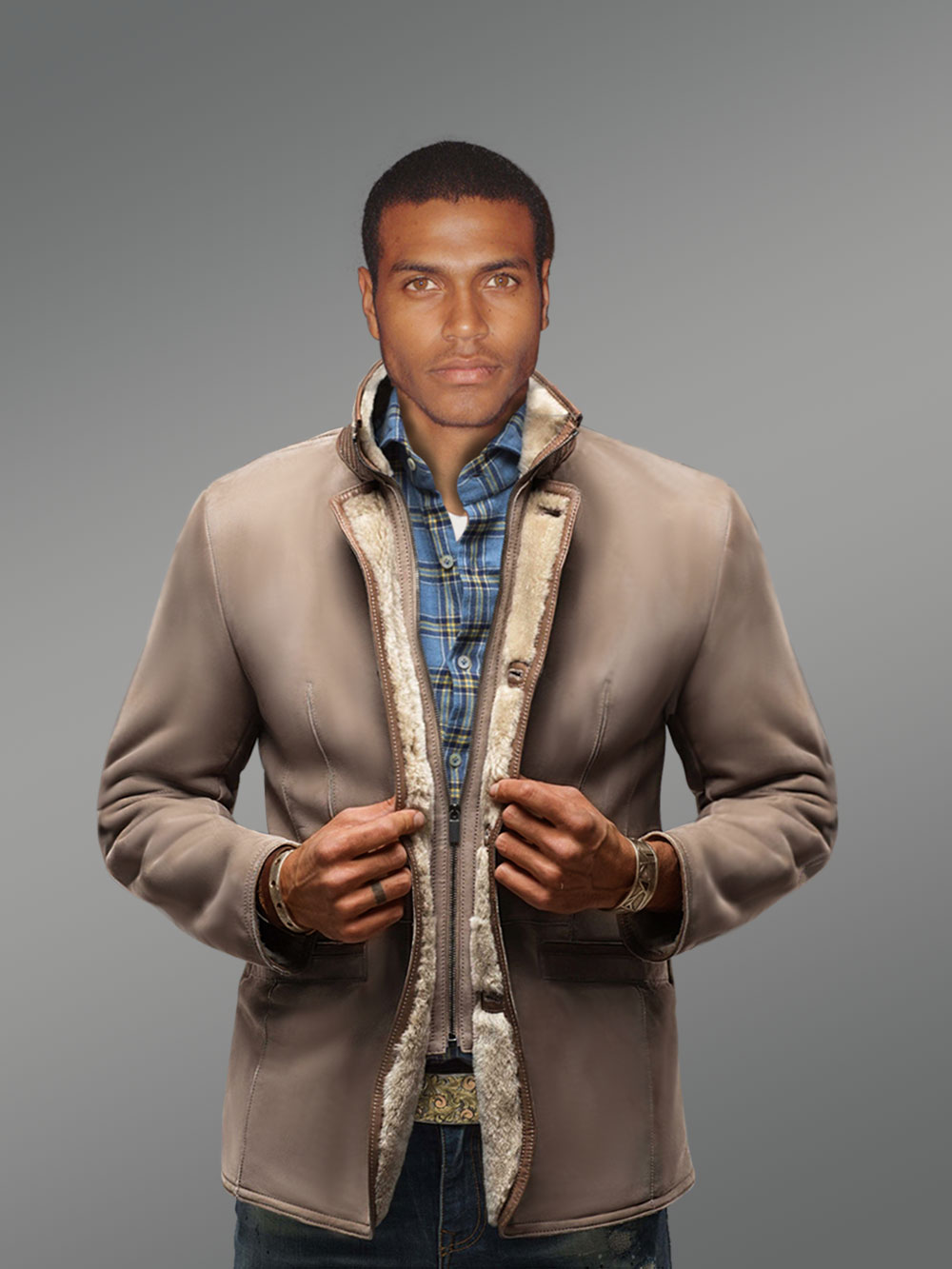 Men’s Sheepskin Shearling Blazer Jacket with Tonal Leather Trim