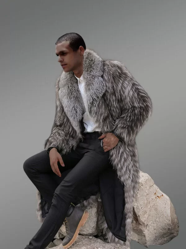 Silver Fox Fur Long Coat for Men - Image 3
