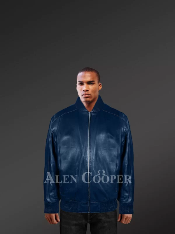 Stylish navy colored real leather jacket for men