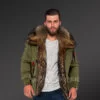 Stylish parka bombers in green with fur collar and frontline view