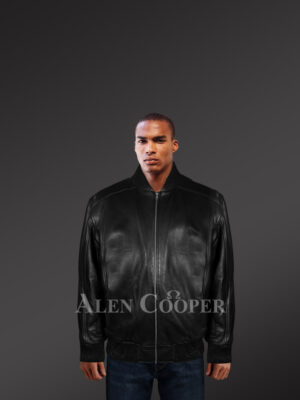 Stylish semi-bomber black leather jacket for men
