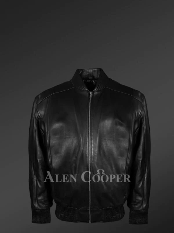 Stylish Black Leather Bomber Jacket for Men - Image 2