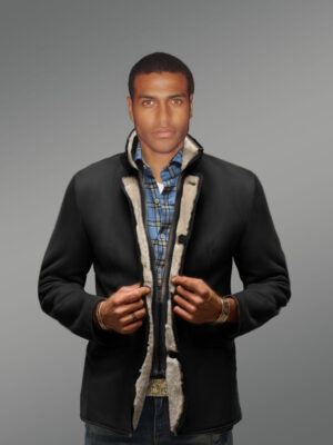 Suede Finish Blazer Style Black Premium Shearling Jacket