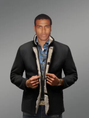 Suede Finish Blazer Style Black Premium Shearling Jacket