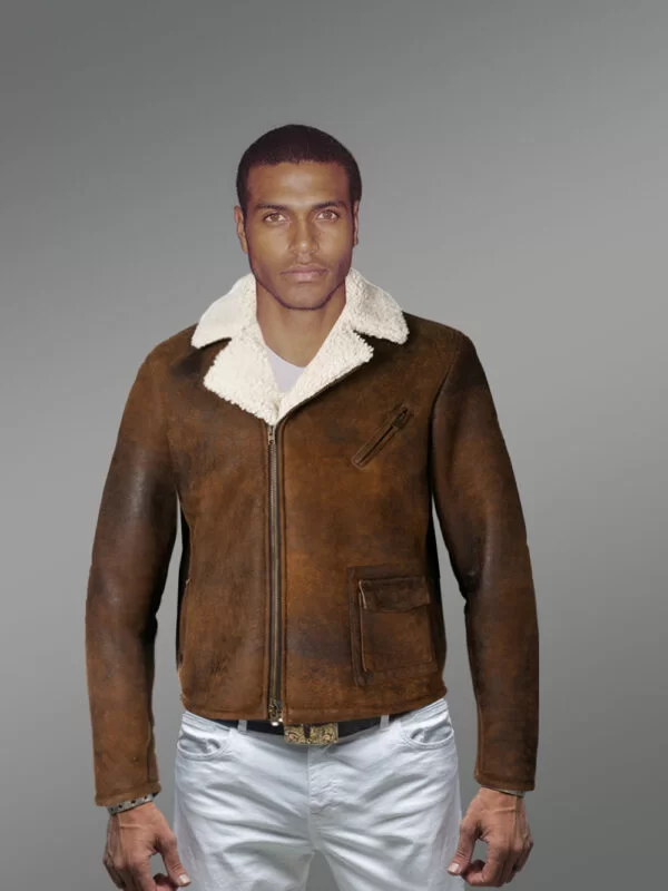 Vintage Rub Off Finish Brown Shearling Jacket For Men - Image 2