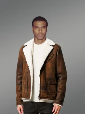 Vintage Rub Off Finish Brown Shearling Jacket For Men