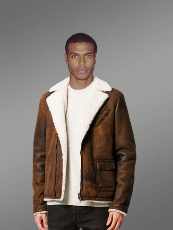 Vintage Rub Off Finish Brown Shearling Jacket For Men