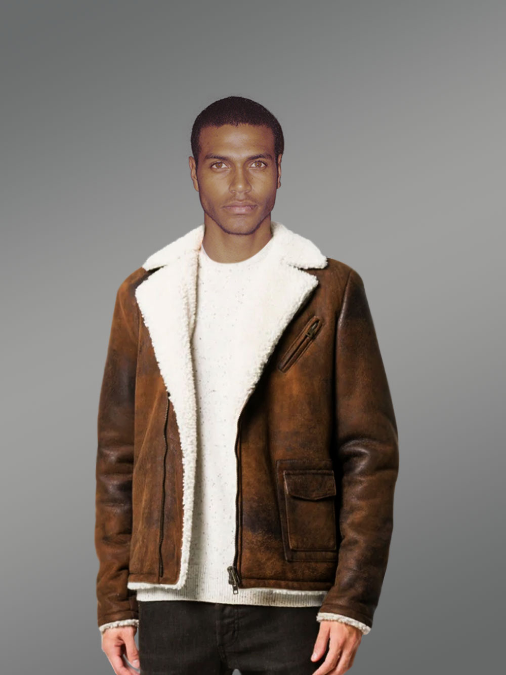 Vintage Rub Off Finish Brown Shearling Jacket For Men