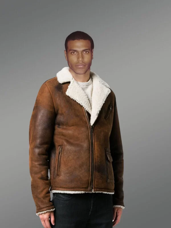 Vintage Rub Off Finish Brown Shearling Jacket For Men - Image 3