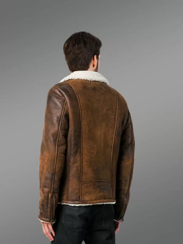 Vintage Rub Off Finish Brown Shearling Jacket For Men - Image 5