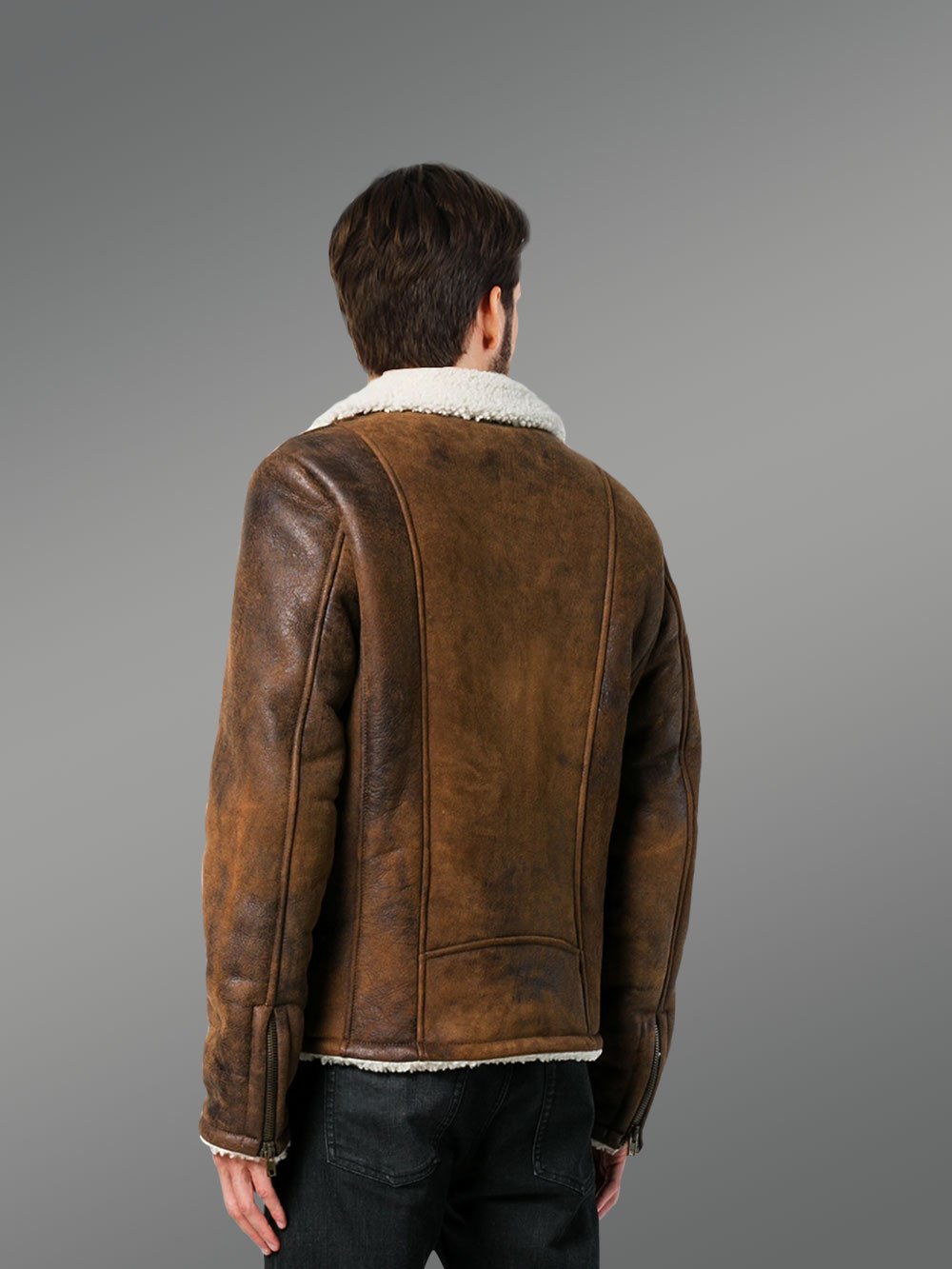 Vintage Rub Off Finish Brown Shearling Jacket For Men - Image 5