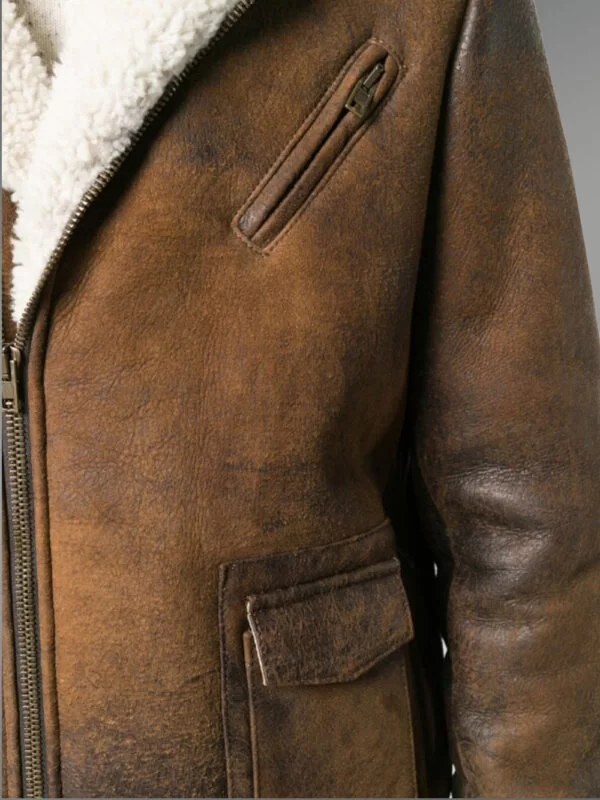 Vintage Rub Off Finish Brown Shearling Jacket For Men - Image 4