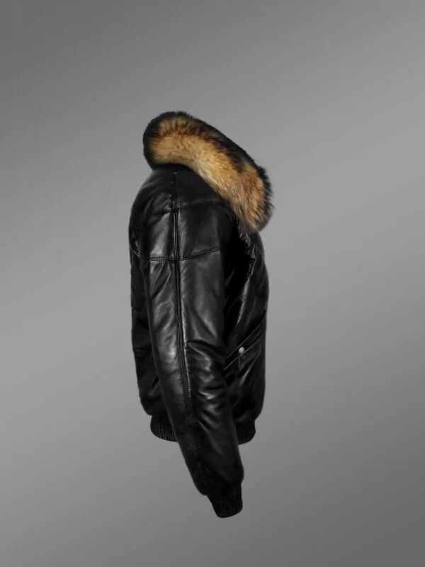 Vintage Real Leather Quilted V-Bomber Black Jacket With Raccoon Fur Collar - Image 3