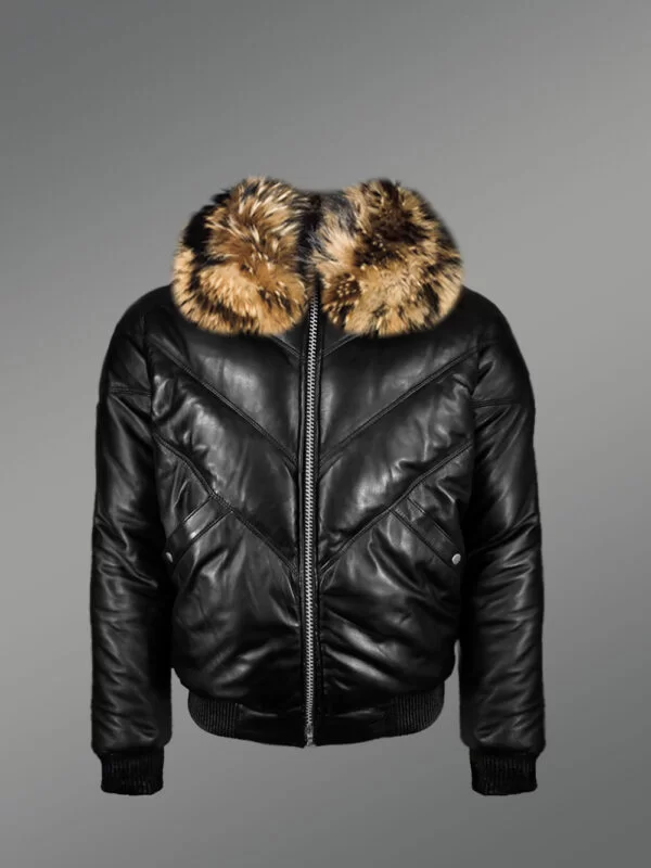 Vintage Real Leather Quilted V-Bomber Black Jacket With Raccoon Fur Collar - Image 2