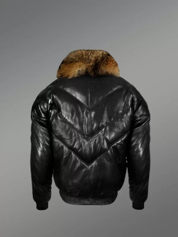 Vintage Real Leather Quilted V-Bomber Black Jacket With Raccoon Fur Collar - Image 4