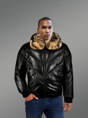 Vintage Real Leather Quilted V-Bomber Black Jacket With Raccoon Fur Collar