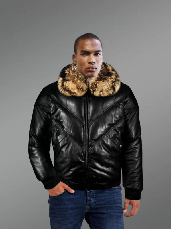 Vintage Real Leather Quilted V-Bomber Black Jacket With Raccoon Fur Collar