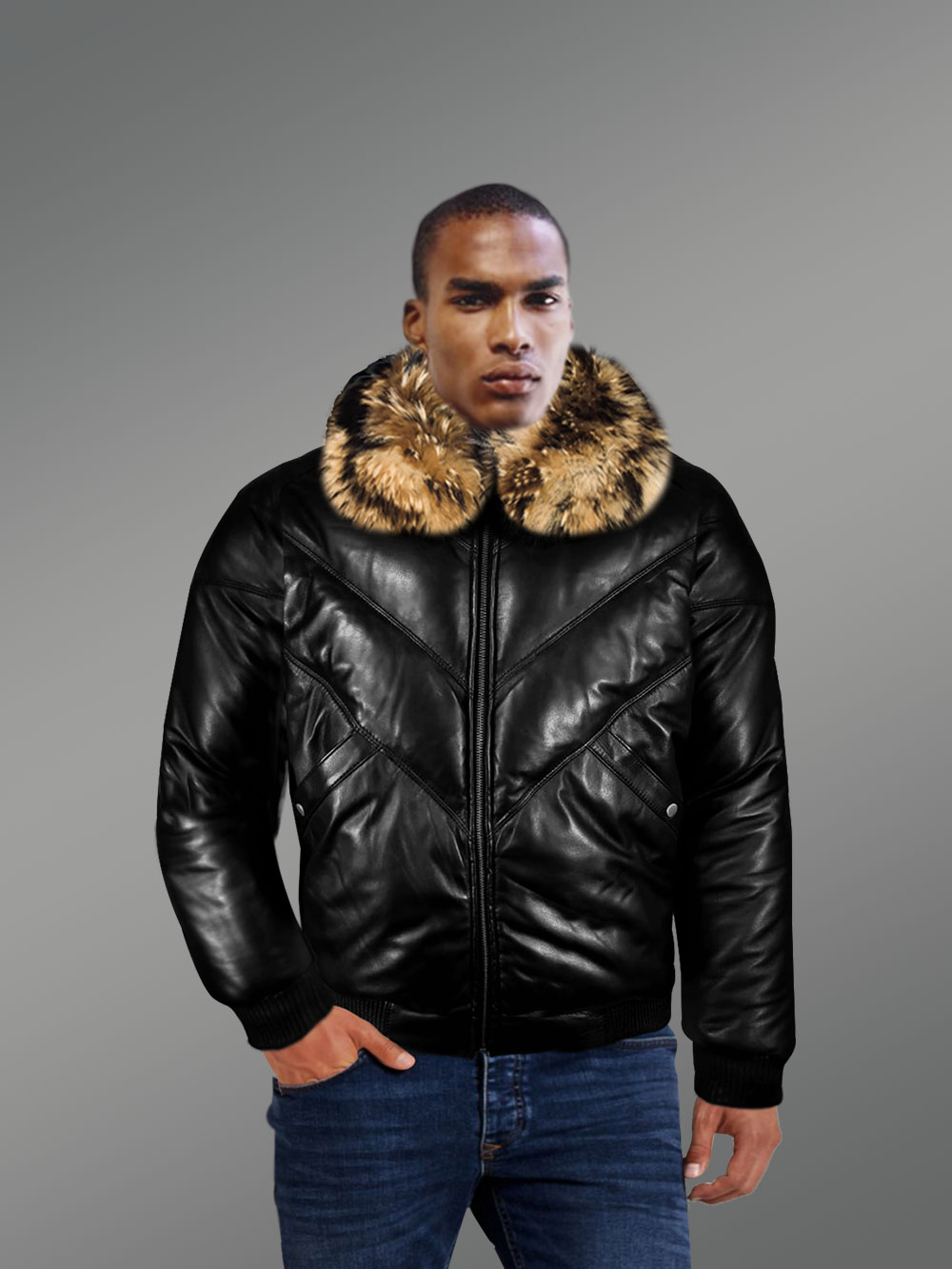 Vintage Real Leather Quilted V-Bomber Black Jacket With Raccoon Fur Collar