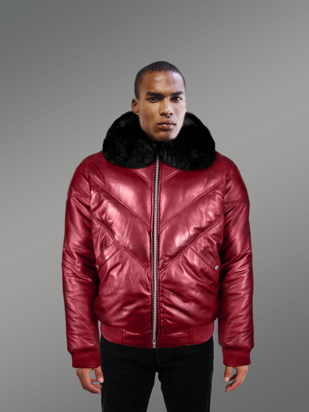 Men’s Trendy And Traditional Real Warm Real Leather V Bomber Jacket With Black Fur Collar