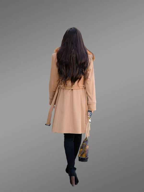 Women’s 3/4 Length Wool Coat with Real Red Fox Fur Trim Collar - Image 9