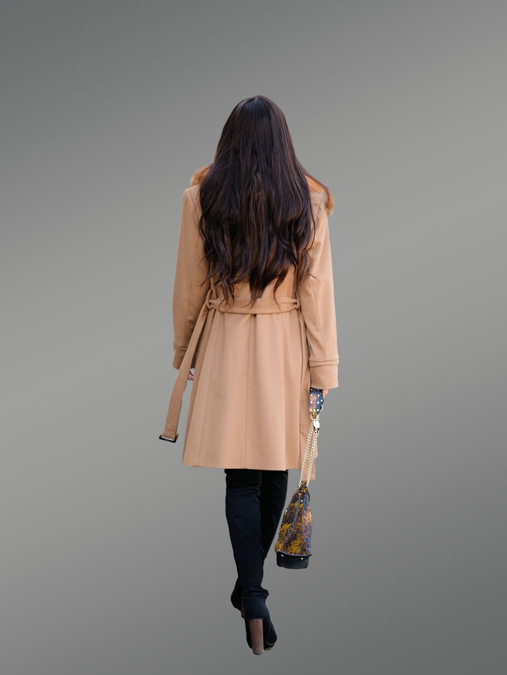 Women’s 3/4 Length Wool Coat with Real Red Fox Fur Trim Collar - Image 8