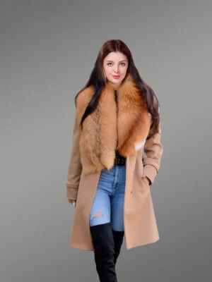 Women’s 3/4 Length Wool Coat with Real Red Fox Fur Trim Collar