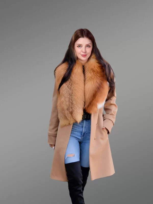 Women’s 3/4 Length Wool Coat with Real Red Fox Fur Trim Collar