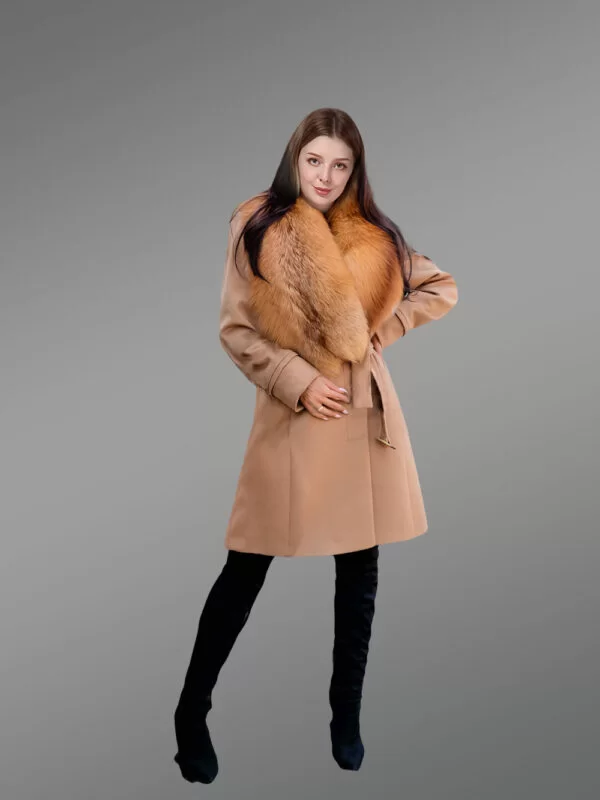 Women’s 3/4 Length Wool Coat with Real Red Fox Fur Trim Collar - Image 7