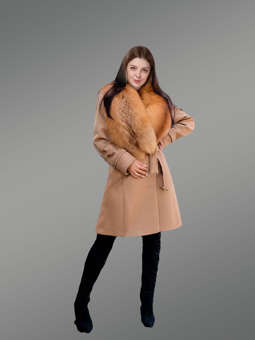Women’s 3/4 Length Wool Coat with Real Red Fox Fur Trim Collar - Image 7