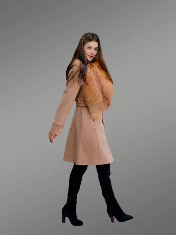 Women’s 3/4 Length Wool Coat with Real Red Fox Fur Trim Collar - Image 6