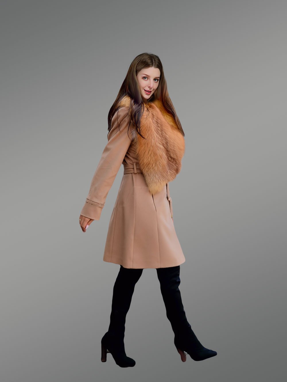 Women’s 3/4 Length Wool Coat with Real Red Fox Fur Trim Collar - Image 6