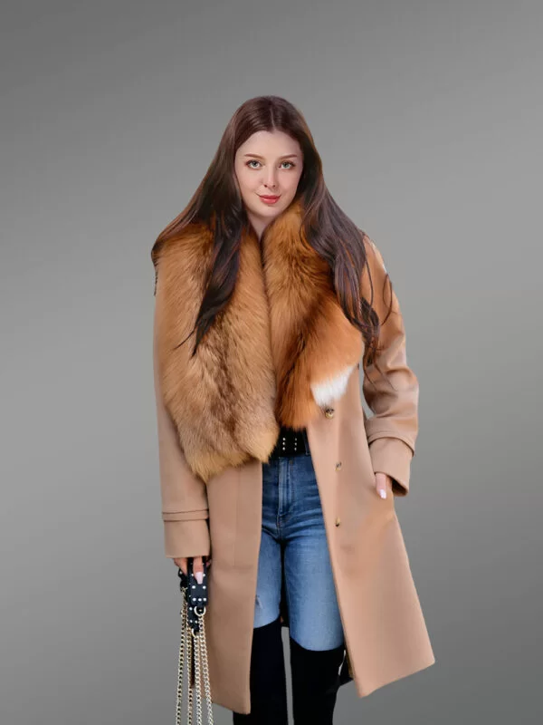 Women’s 3/4 Length Wool Coat with Real Red Fox Fur Trim Collar - Image 5