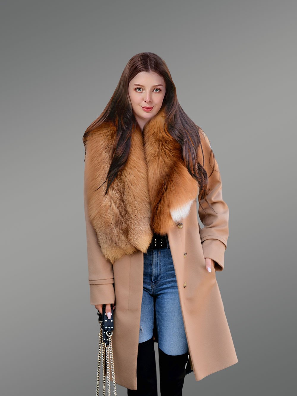 Women’s 3/4 Length Wool Coat with Real Red Fox Fur Trim Collar - Image 5
