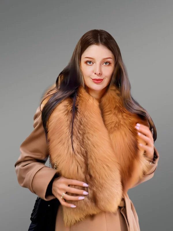 Women’s 3/4 Length Wool Coat with Real Red Fox Fur Trim Collar - Image 4