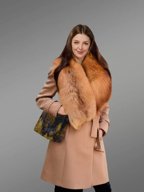 Women’s 3/4 Length Wool Coat with Real Red Fox Fur Trim Collar - Image 3