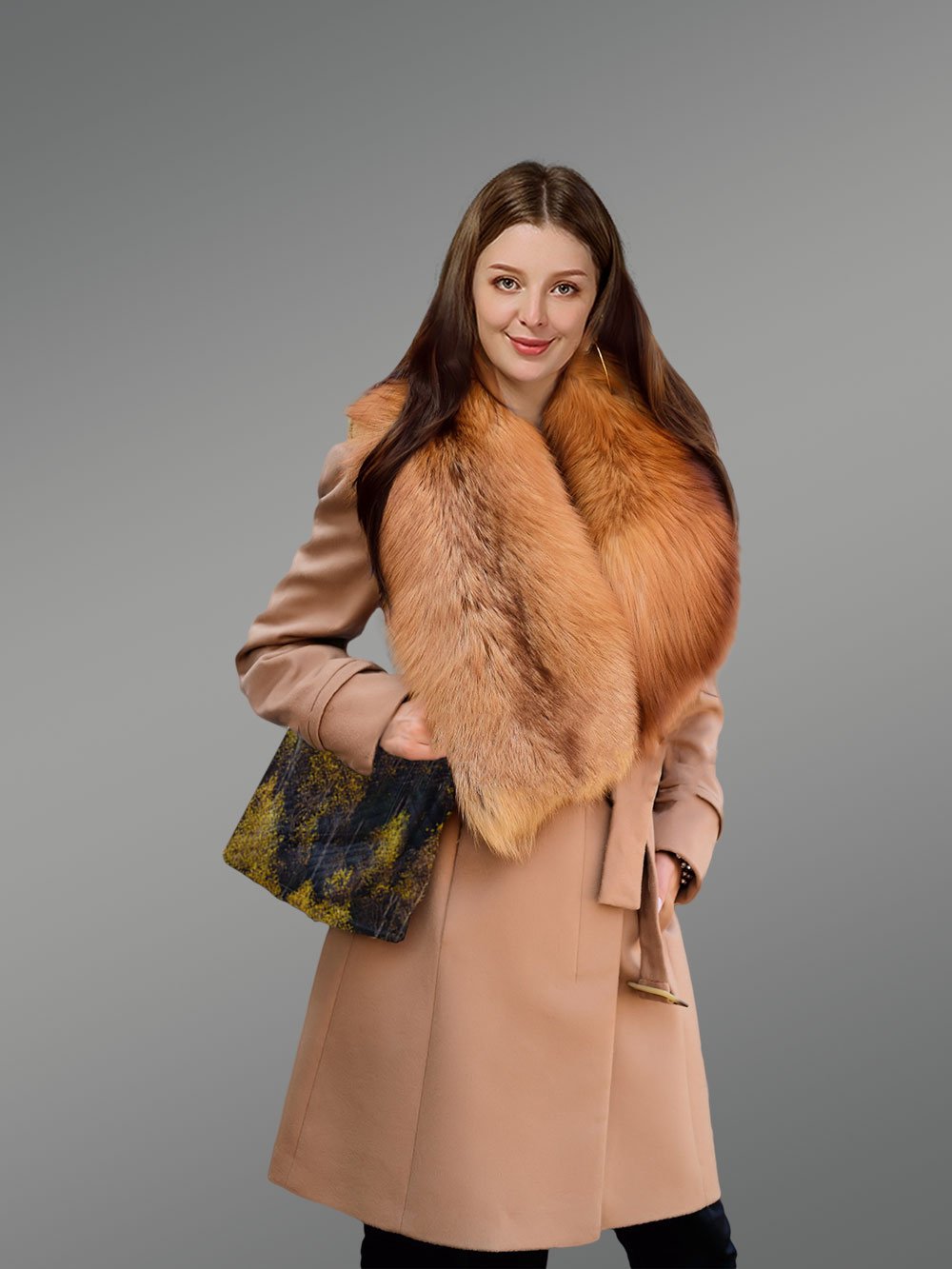 Women’s 3/4 Length Wool Coat with Real Red Fox Fur Trim Collar - Image 3