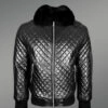 Leather Quilted Bomber Jacket With Fox Fur Collar