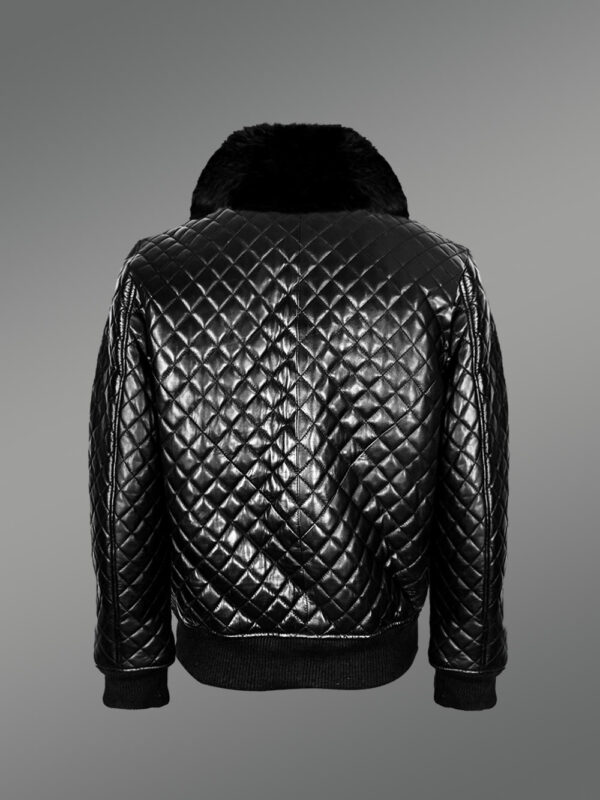 Leather Quilted Bomber Jacket With Fox Fur Collar