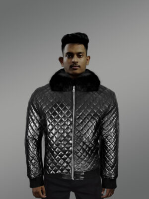 Leather Quilted Bomber Jacket With Fox Fur Collar