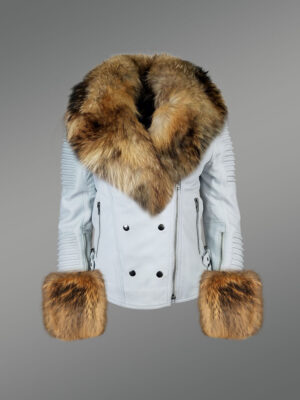 Authentic White Leather Jacket with Removable Fur Collar and Handcuffs