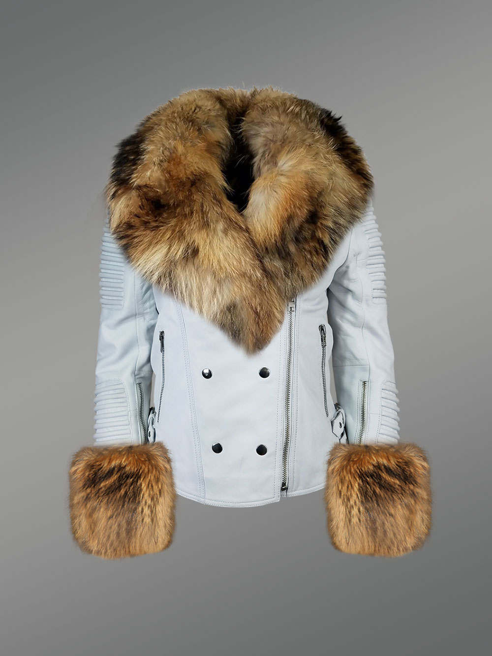 Authentic White Leather Jacket with Removable Fur Collar and Handcuffs