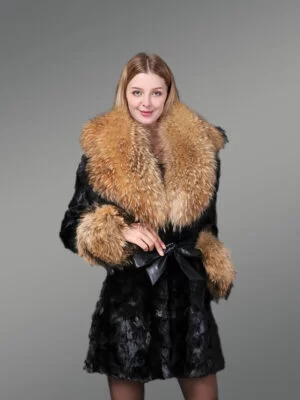Belted Mink Coat with Fur Collar & Trims