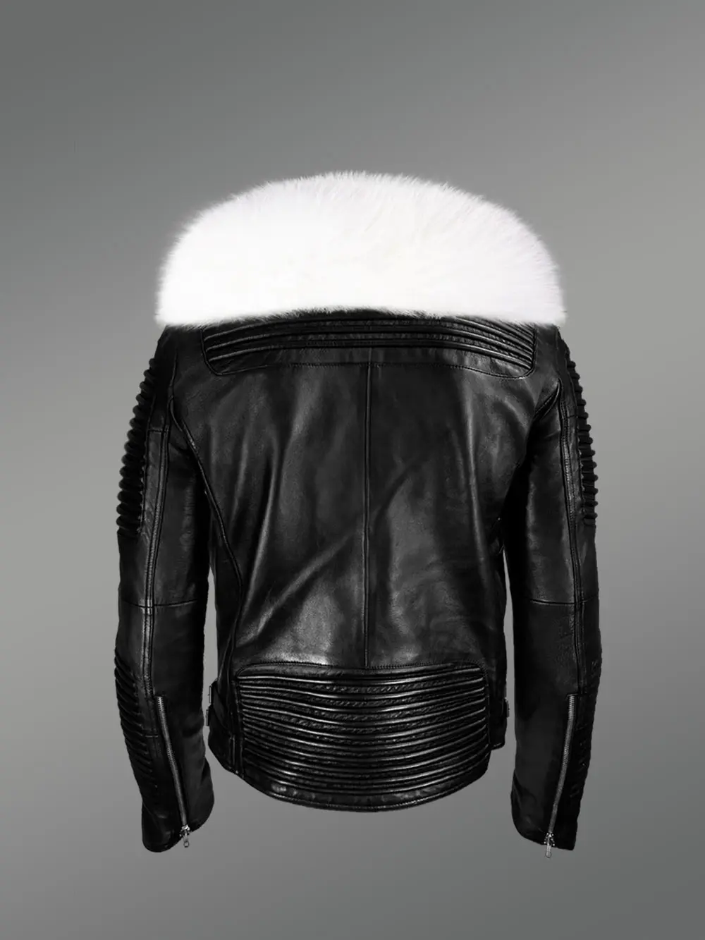 Men’s Coal Black Real Leather Winter Biker Jacket with Snow White Fox Fur Collar - Image 4