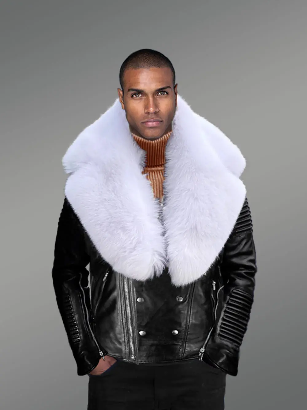 Men’s Coal Black Real Leather Winter Biker Jacket with Snow White Fox Fur Collar - Image 2
