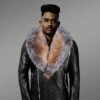 Biker Leather Jacket with Crystal Fox Fur Collar