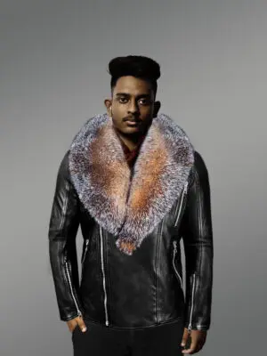 Biker Leather Jacket with Crystal Fox Fur Collar
